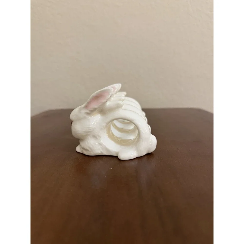 Vintage Ceramic Bunny Rabbit Napkin Rings Set of 4 White Pink Animal Theme